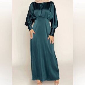 Veiled Collection Deep Teal Long Sleeve Batwing Satin Maxi Dress
